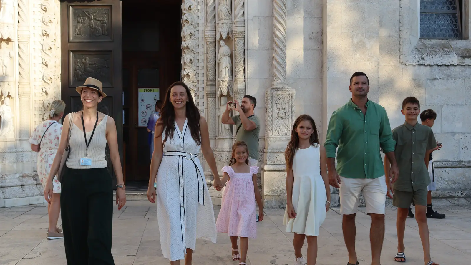 Ivana leading a family out of the Cathedral of St. James on a private Šibenik family walking tour
